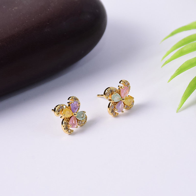 Pastel Crystal Flower Stud Earrings with    Artificial Gold Finish for Women