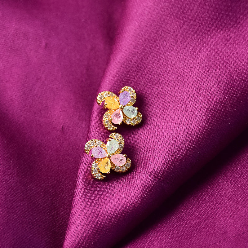 Pastel Crystal Flower Stud Earrings with    Artificial Gold Finish for Women