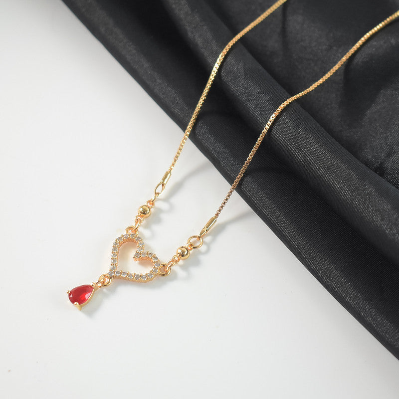 Artificial Gold-Plated Heart Pendant Necklace with Red Crystal Drop for Women