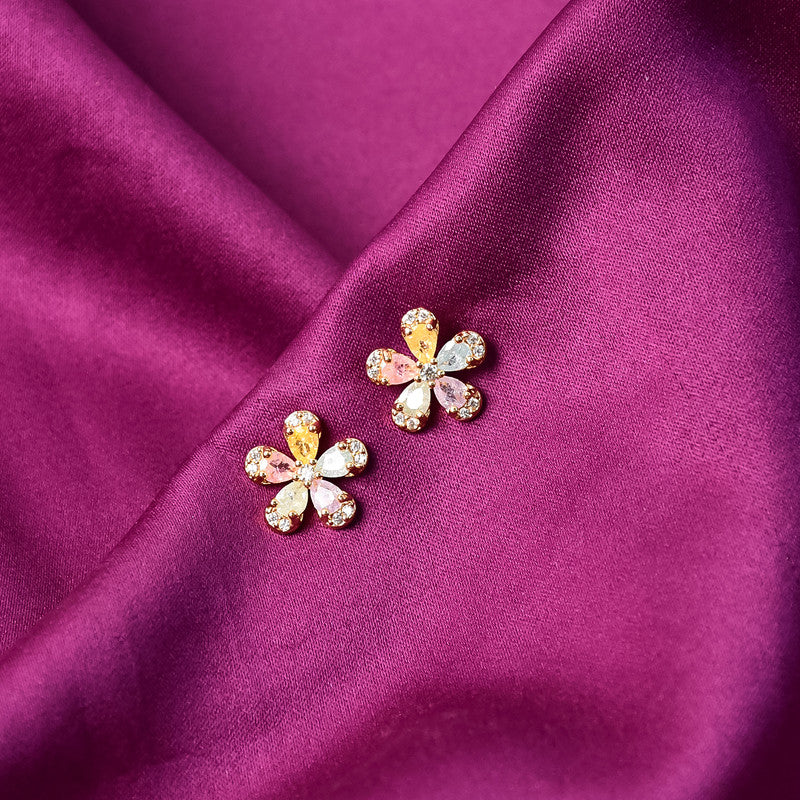 Multicolor Crystal Petal Flower Stud Earrings with    Artificial Gold Finish for Women
