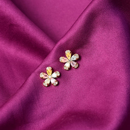 Multicolor Crystal Petal Flower Stud Earrings with    Artificial Gold Finish for Women