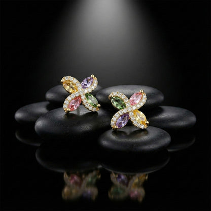 Multicolor Crystal Butterfly Stud Earrings with    Artificial Gold Finish for Women