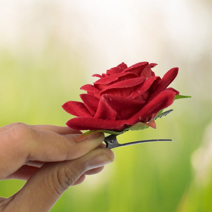 Flower Rose Hair Pin/Clip – Velvet Flower Design (12 Pcs Set, Red Color)