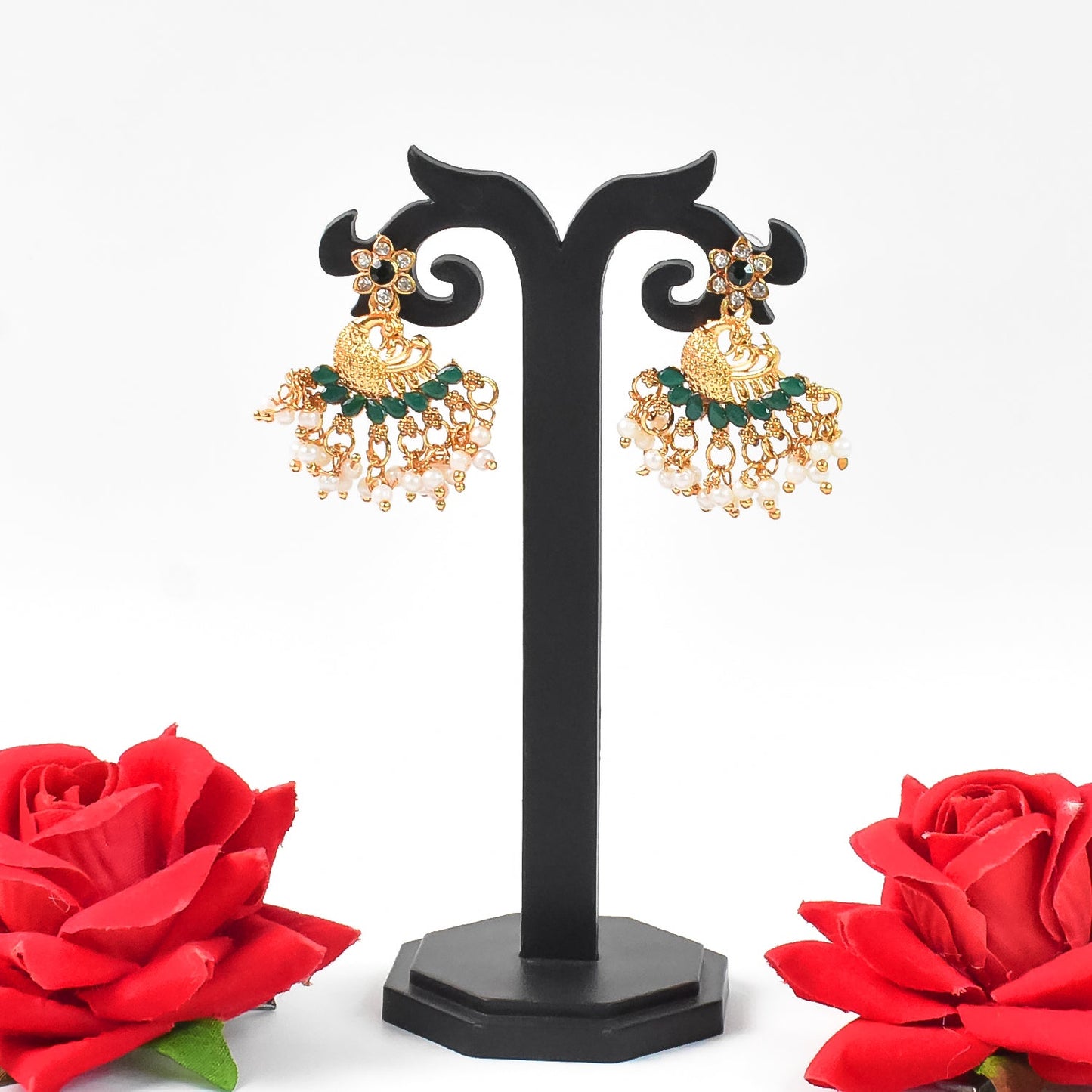 Beautiful Peacock Design American Diamond Pearl Earrings (1 Pair)