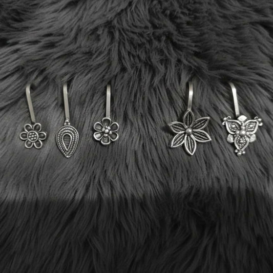 Oxidized Silver Traditional Floral Nose Pins Combo for Women & Girls (Pack of 5)