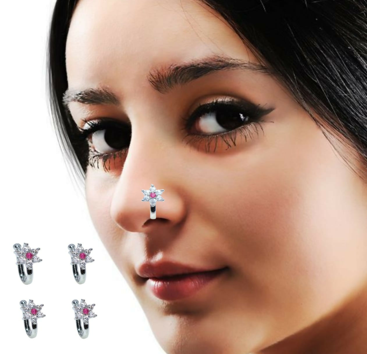 Rose    Artificial Gold Black CZ Double Row Non-Pierced Nose Cuff Combo Pack of 4