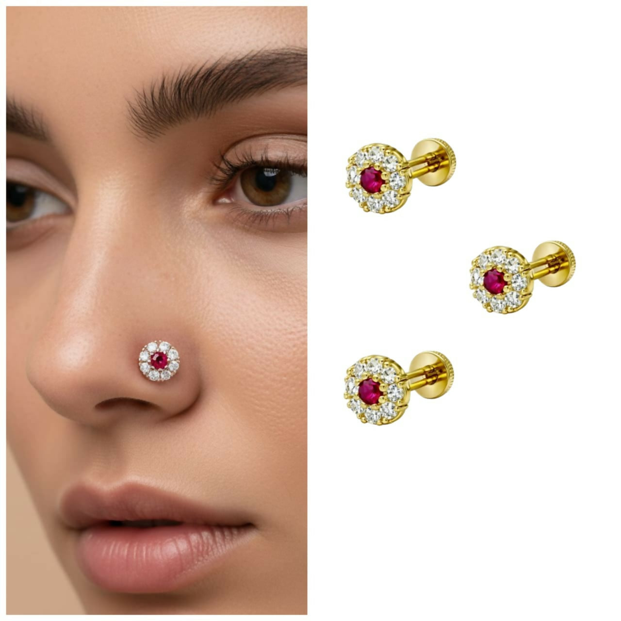 Artificial Gold plated Ruby & Diamond Floral Halo Nose Pin Labret Stud Combo Pack of 3
