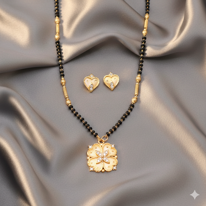 Artificial Gold Plated AD Heart Stud Earrings & Floral Mangalsutra Set for women