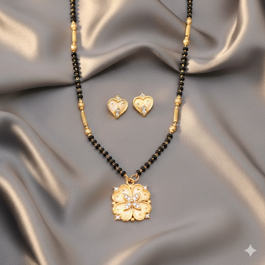 Artificial Gold Plated AD Heart Stud Earrings & Floral Mangalsutra Set for women
