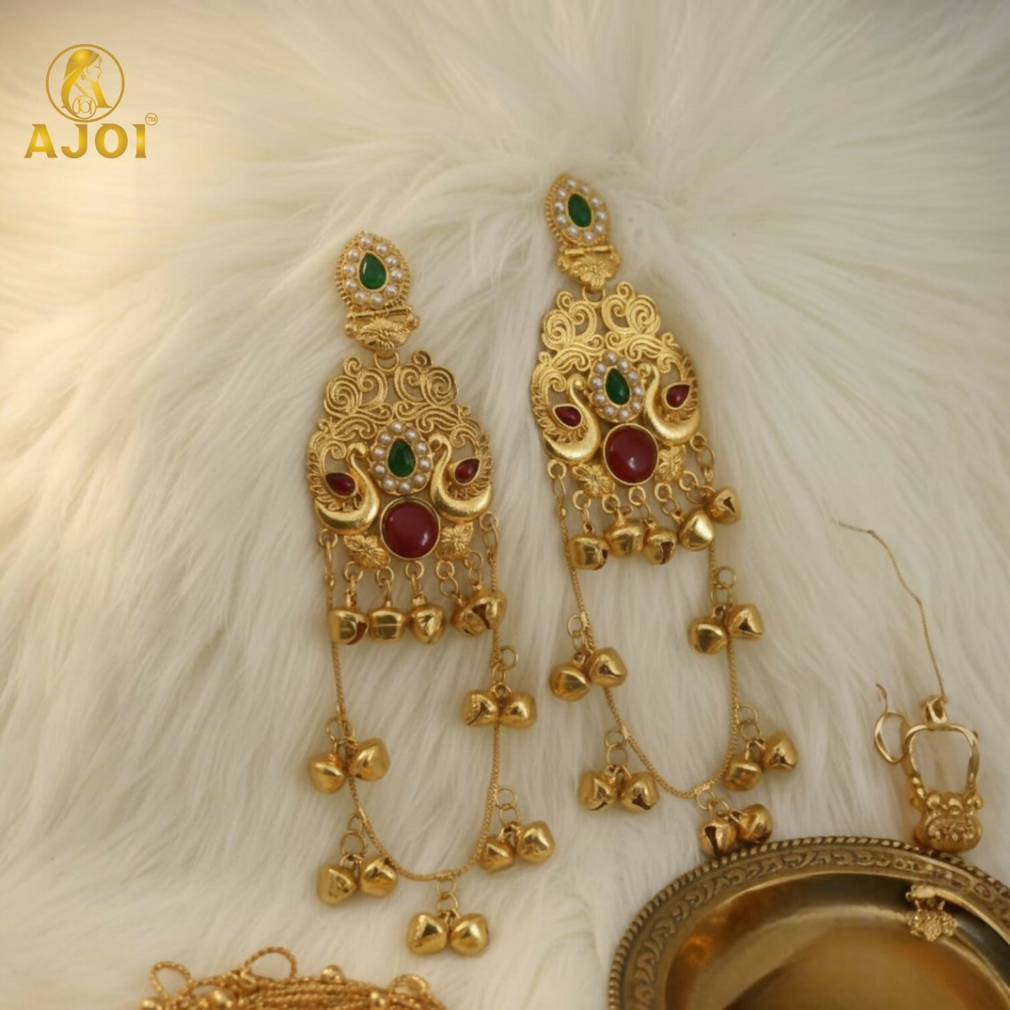 Green & Ruby Stone Kashmiri Traditional   Artificial Gold-Plated Ghungroo Earrings For Women And Girls.