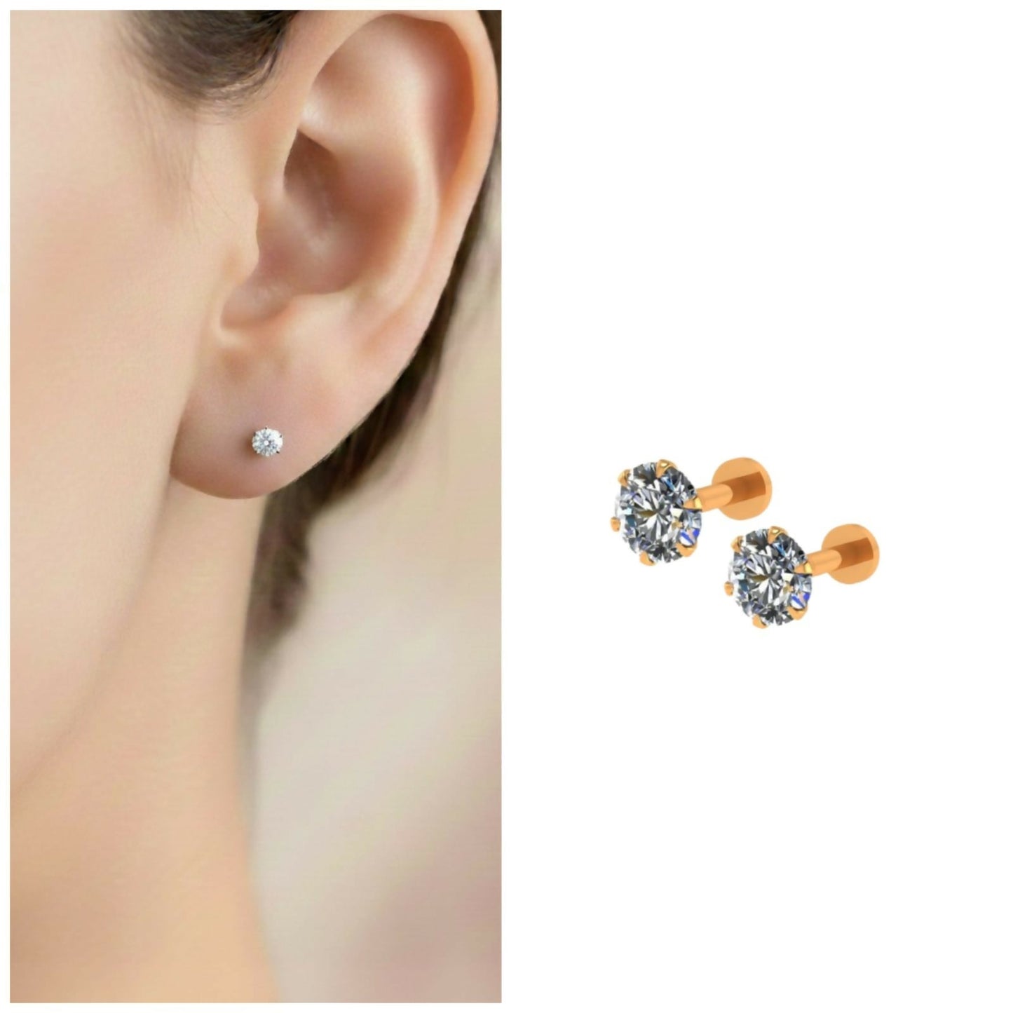 Artificial Gold plated AD Solitaire Flat Back Stud Earrings for women and girls Combo Pack of 2