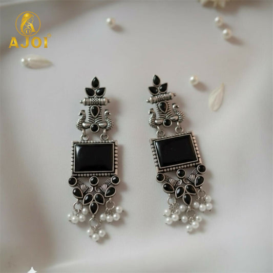 Antique Black Square Stone Oxidised Silver Ethnic Earrings with Pearl Drops | Antique Temple-Style Statement Earrings for Women & Girls