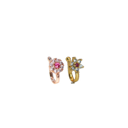 Non-Piercing Floral Nose Pin Nath Clip On Set Pink White Stone Combo Pack of 2