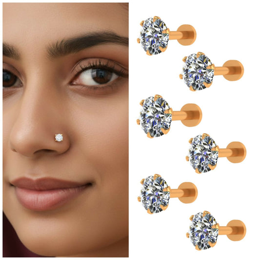 Artificial Gold plated AD Nosepin stud Flat Back Stud for women and girls Combo Pack of 6