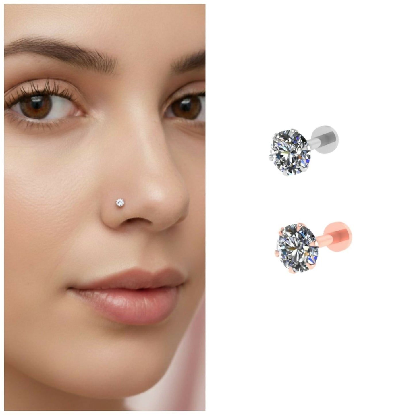 Rose    Artificial Gold & silver plated Nosepin Stud Flat Back Labret Piercing Combo Pack of 2