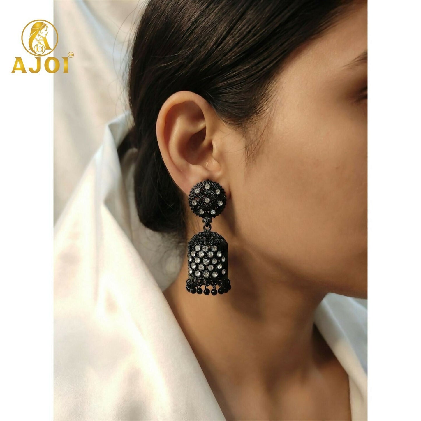 Black Crystal Studded Jhumka Earrings for Women & Girls.