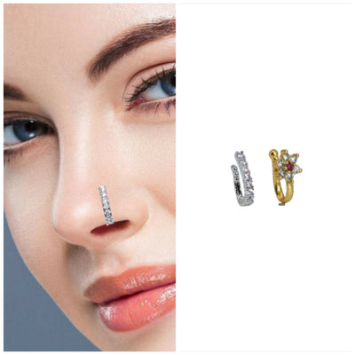 CZ Hoop & Floral    Artificial Gold Plated Nose Clip Stud Set Combo Pack of 2