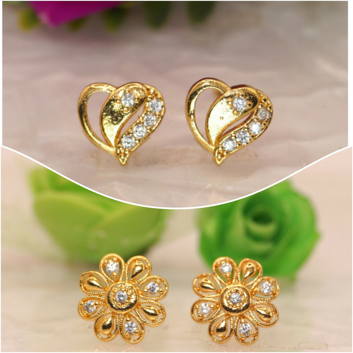Artificial Gold Plated Heart & Floral Stud Earrings for women and girls Combo Pack of 2
