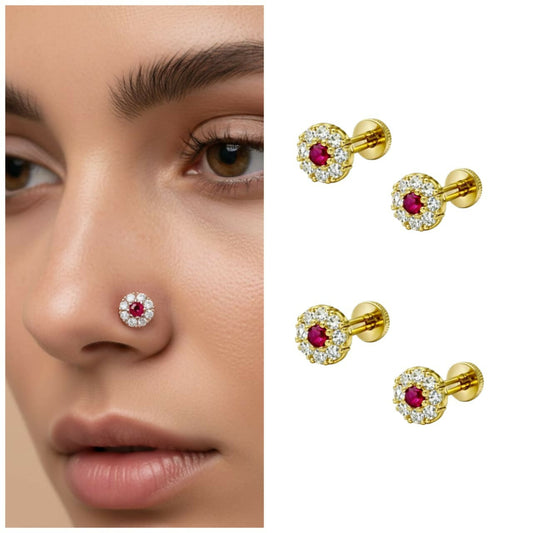 Artificial Gold plated Ruby & Diamond Floral Halo Nose Pin Labret Stud Combo Pack of 4