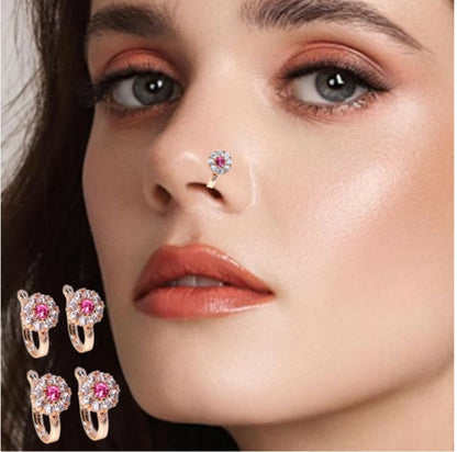 Rose    Artificial Gold Plated Ruby Floral Non-Piercing Clip-On Nose Pin Combo Pack of 4