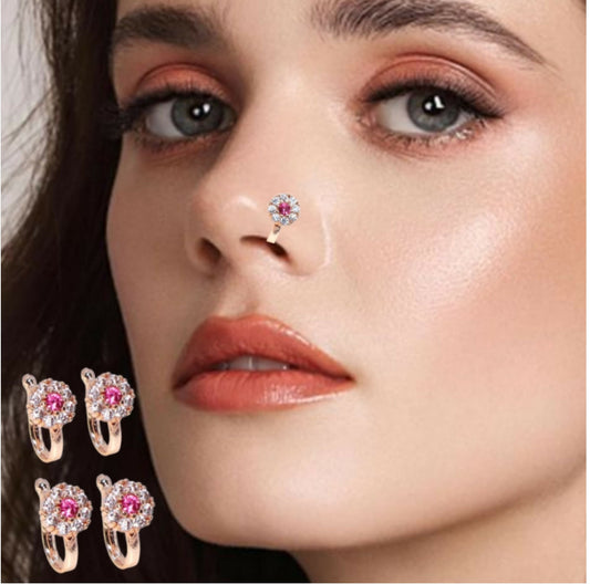 Rose    Artificial Gold Plated Ruby Floral Non-Piercing Clip-On Nose Pin Combo Pack of 4