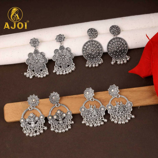 Trendy Oxidised Silver Statement Earrings Combo Set for Women & Girls (Set of 4)