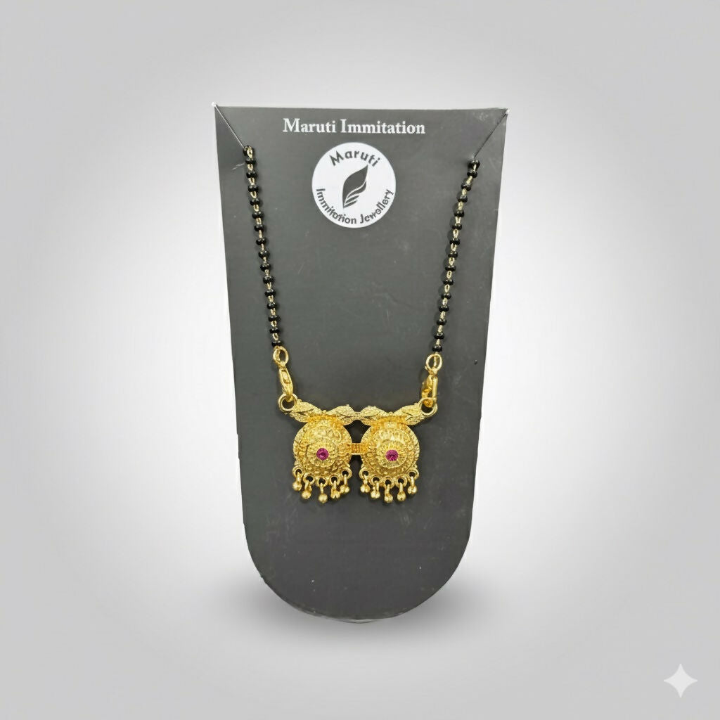 Traditional Dual Pendant   Artificial Gold-Tone Mangalsutra with Pink Stone Accents