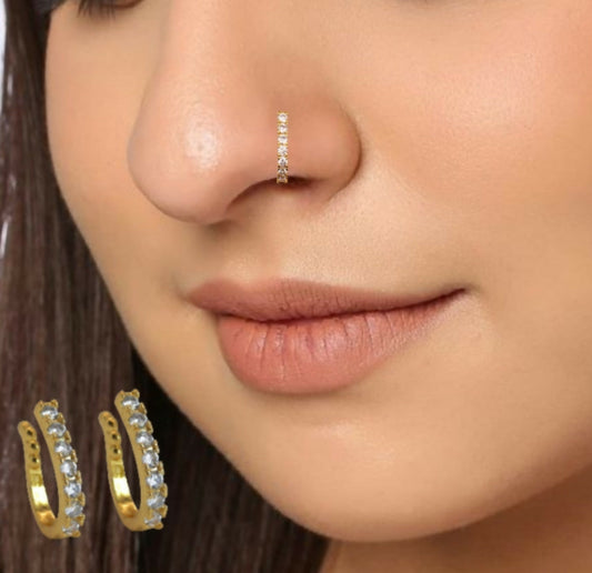 Artificial Gold-Plated CZ Lined Nose Ring Pair | Stylish Daily Wear Nosepins