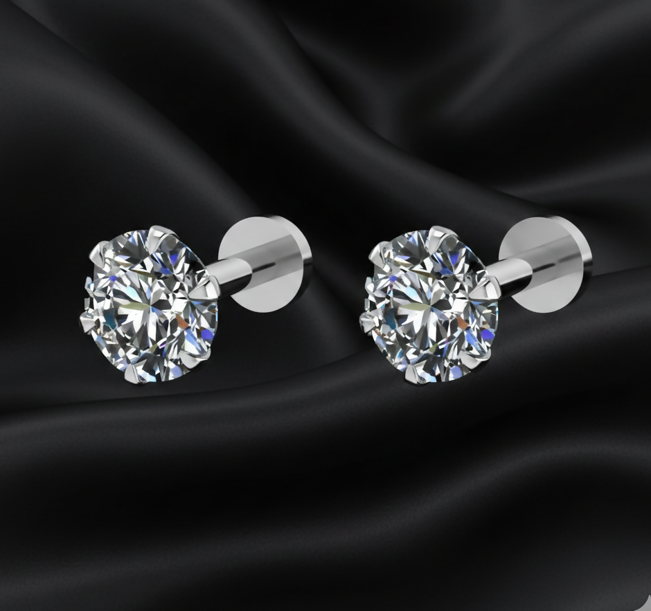 Silver plated AD Nosepin Stud Internally Threaded Labret for women and girls Combo Pack of 2