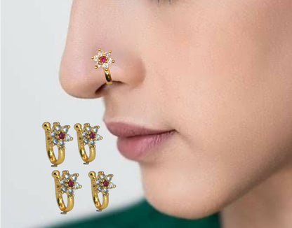 Artificial Gold Plated Floral Red & White Stone Clip-On Nose Ring for Women Combo Pack of 4
