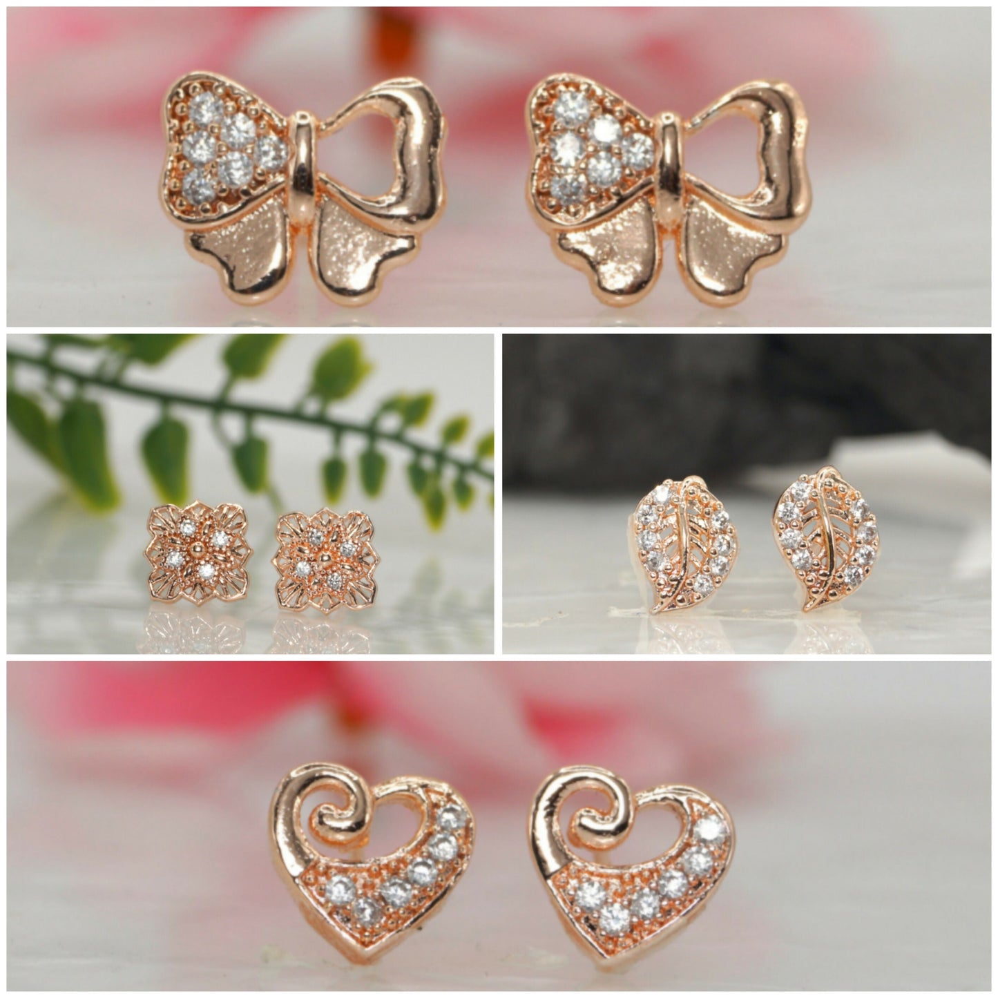 Rose    Artificial Gold Plated CZ Stud Earrings Combo (4 Pairs) for women and girls
