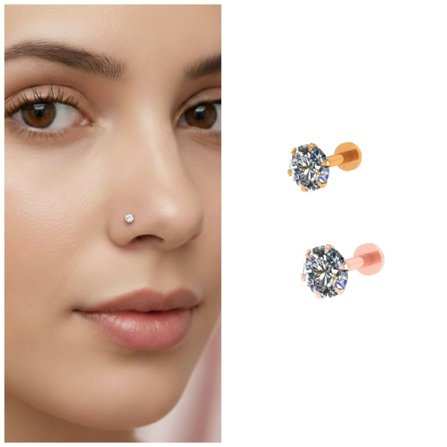 Artificial Gold & rose plated Nosepin stud Flat Back Stud for women and girls Combo Pack of 2