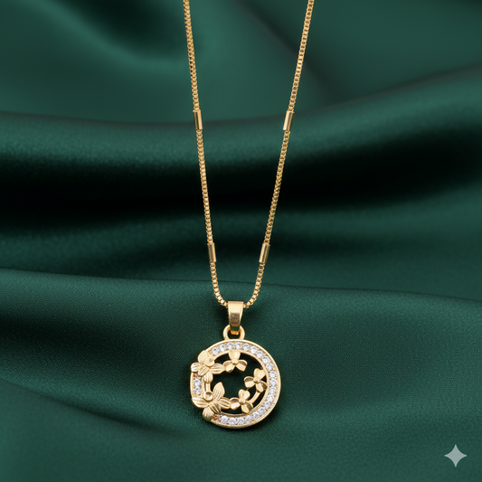 Artificial Gold-Plated AD Floral Circle Pendant Necklace For women and girls