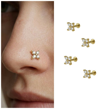 Artificial Gold plated Clover Flat Back Labret AD nosepin stud Combo Pack of 4