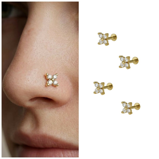 Artificial Gold plated Clover Flat Back Labret AD nosepin stud Combo Pack of 4