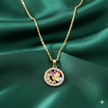 Artificial Gold Butterfly Pendant Necklace - Colorful Crystal Circle For women and girls