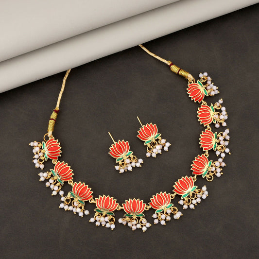 Grand   Artificial Gold-Toned American Diamond Lotus Necklace Set