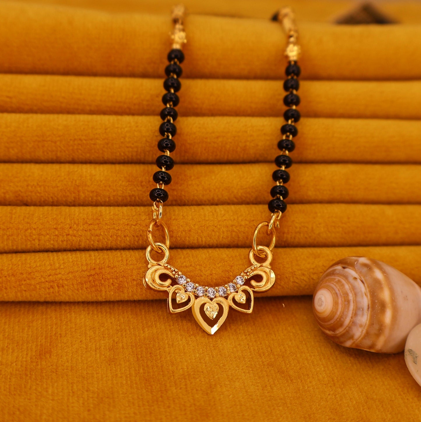 Artificial Gold Plated Heart Pendant Mangalsutra with Black Beads