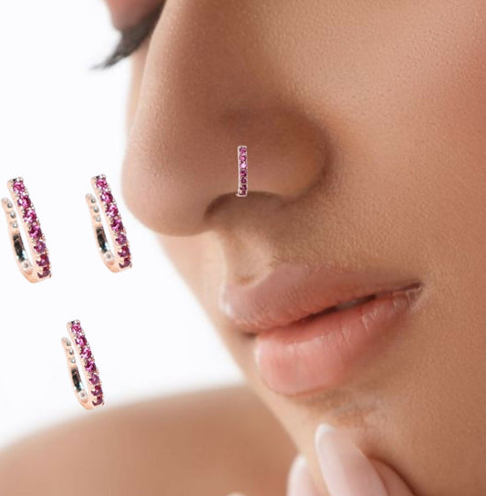 Rose    Artificial Gold Pink CZ Double Row Non-Pierced Nose Cuff/Ring Combo Pack of 3