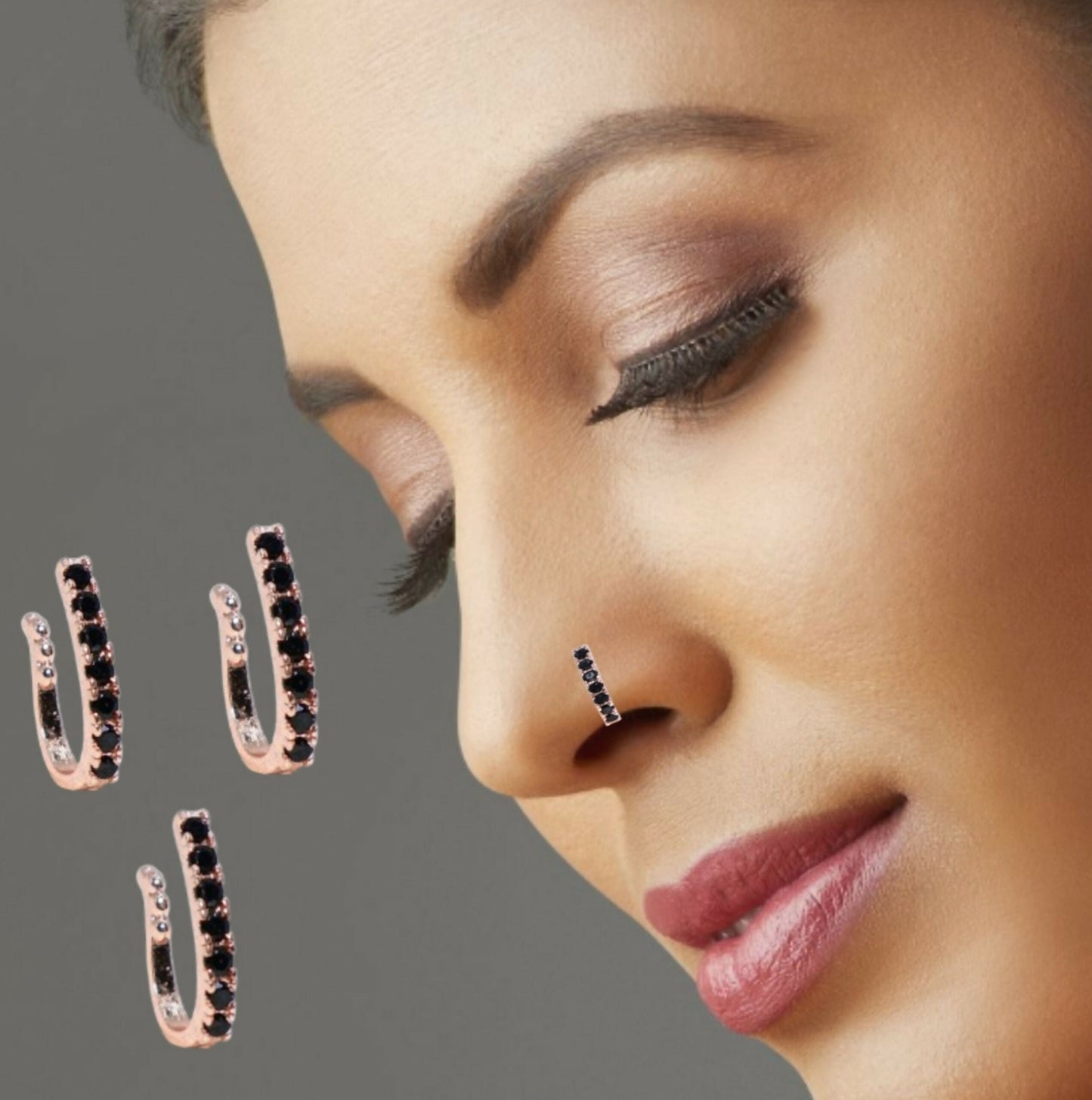 Minimalist Rose    Artificial Gold Pink Bar Non-Piercing Nose Stud/Pin Combo Pack of 3