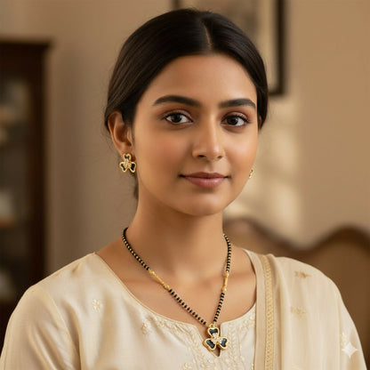 Artificial Gold-Plated AD Floral Mangalsutra Set with Clover Stud Earrings for women