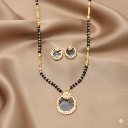 Artificial Gold Plated AD Circular Stud Earrings and mangalsutra with Grey Stone for women