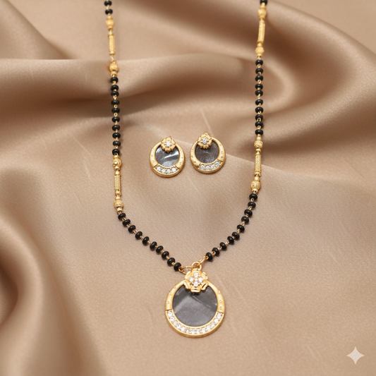 Artificial Gold Plated AD Circular Stud Earrings and mangalsutra with Grey Stone for women