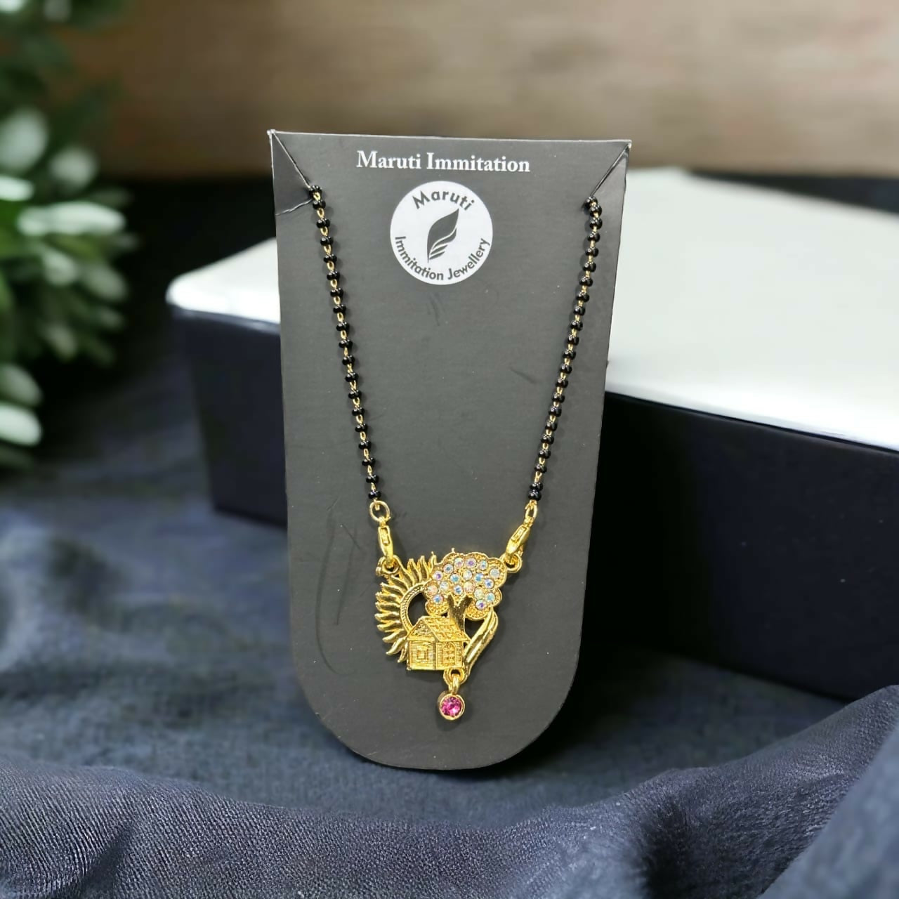 Artificial Gold-Tone Traditional Mangalsutra with Peacock-Inspired Stone Pendant