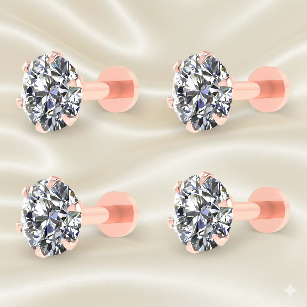 Rose Plated Solitaire Flat-Back Stud Earring Set Combo Pack of 4