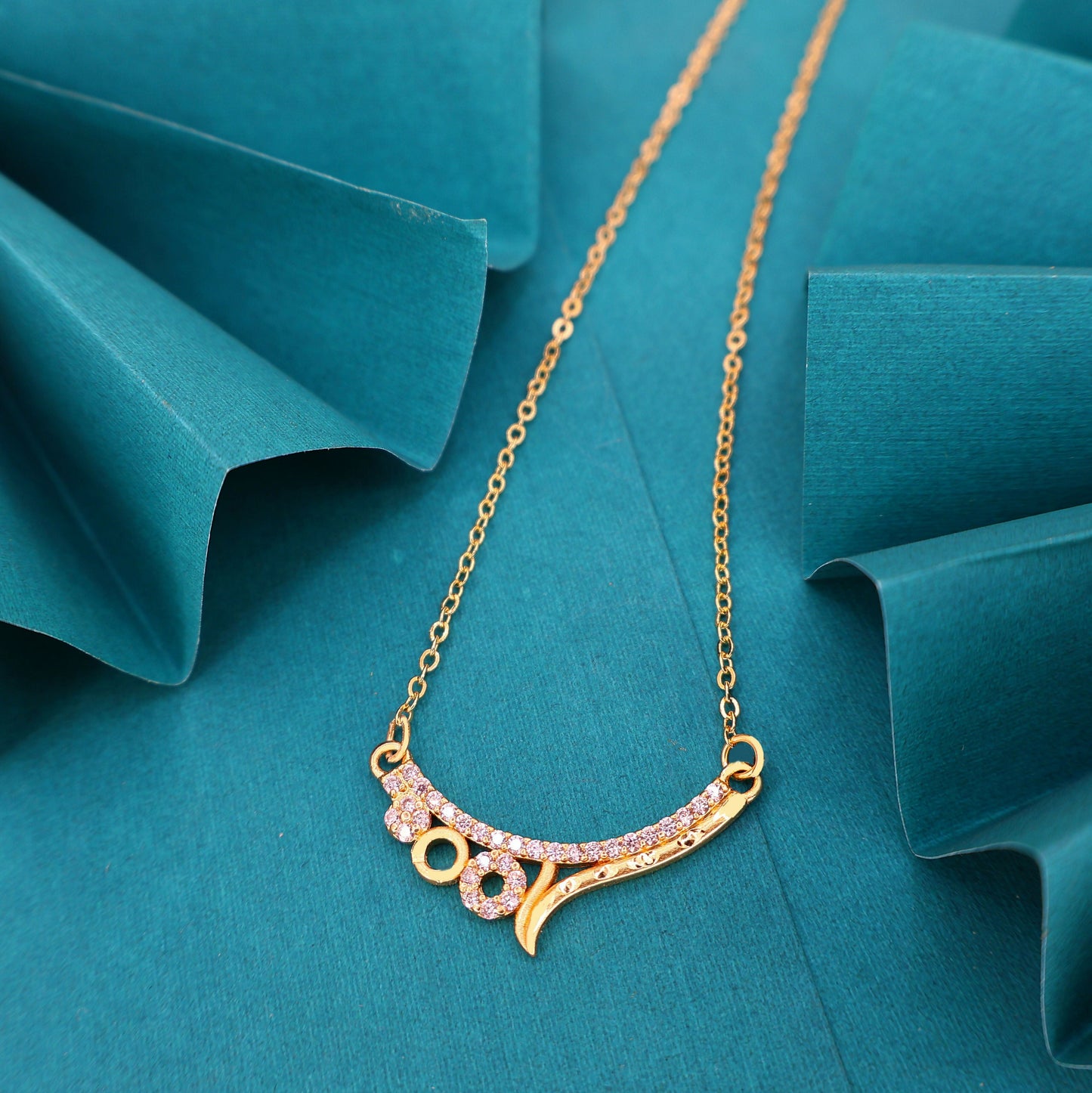 Artificial Gold Plated Pink Stone Curved Pendant Necklace Chain For women and girls
