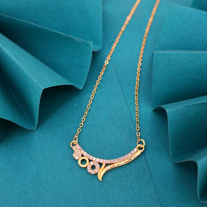 Artificial Gold Plated Pink Stone Curved Pendant Necklace Chain For women and girls