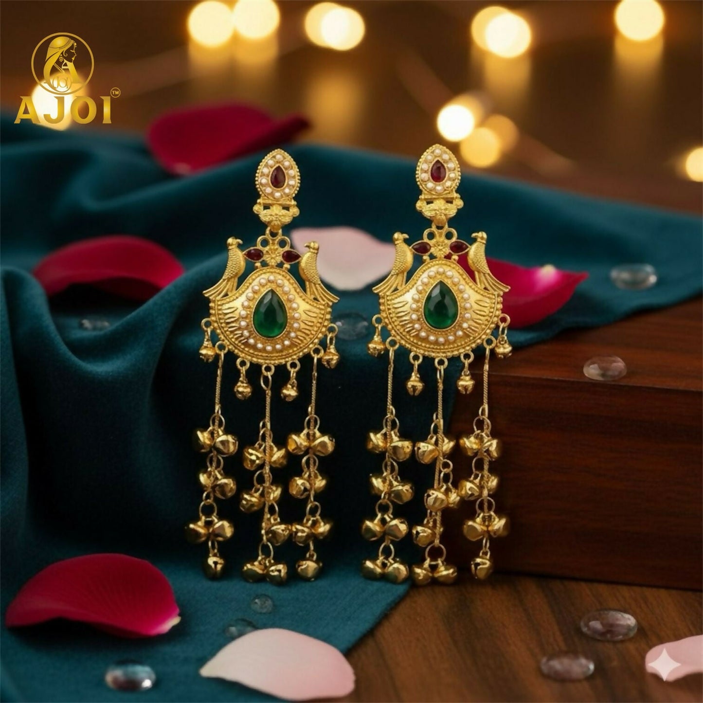 Traditional Kashmiri   Artificial Gold-Plated Jhumka Earrings with Green Stone & Ghungroo Drops