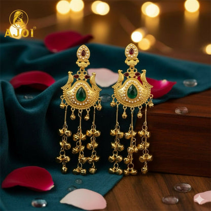 Traditional Kashmiri   Artificial Gold-Plated Jhumka Earrings with Green Stone & Ghungroo Drops