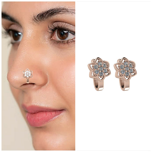 2Pc Non-Piercing Nose Ring Set Floral & Cuff    Artificial Gold Silver AD